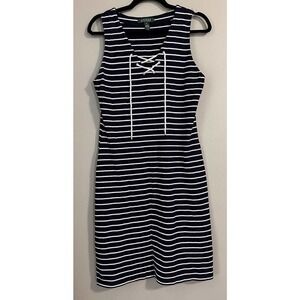 Ralph Lauren‎ Nautical Striped Blue White Sleeveless 100% Cotton Dress Sz M 1012